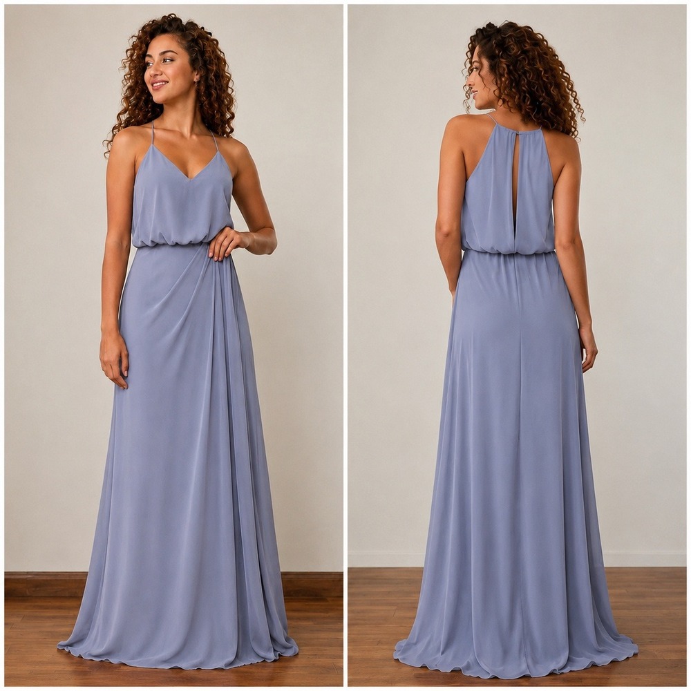 Azazie Patricia Dress Women Fog Grey Chiffon Maxi Gown Open Back A8 NEW